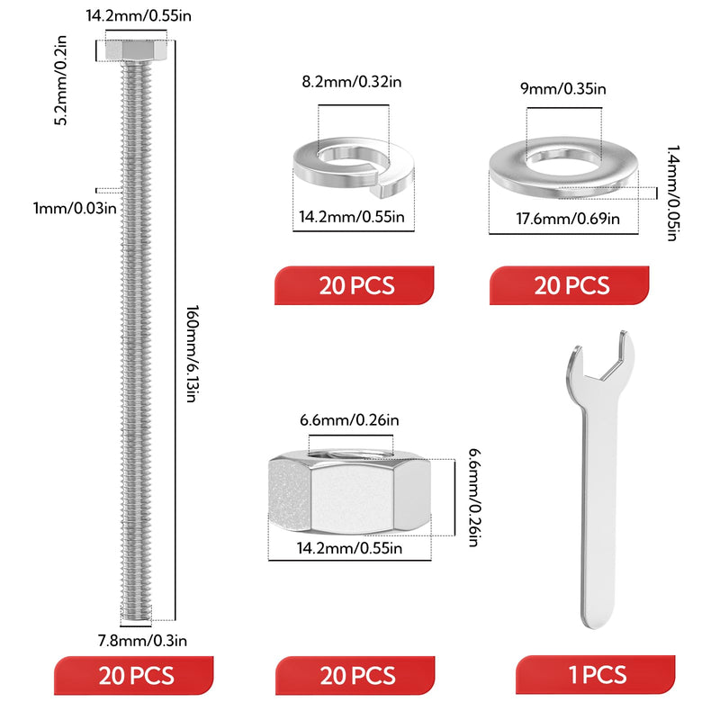 [Australia - AusPower] - 20PCS 5/16-18" x 6" 304 Stainless Steel Fully Threads Bolt, Hex Head Bolts with Nut Spacer and Spanner 5/16-18" x 6" 20 