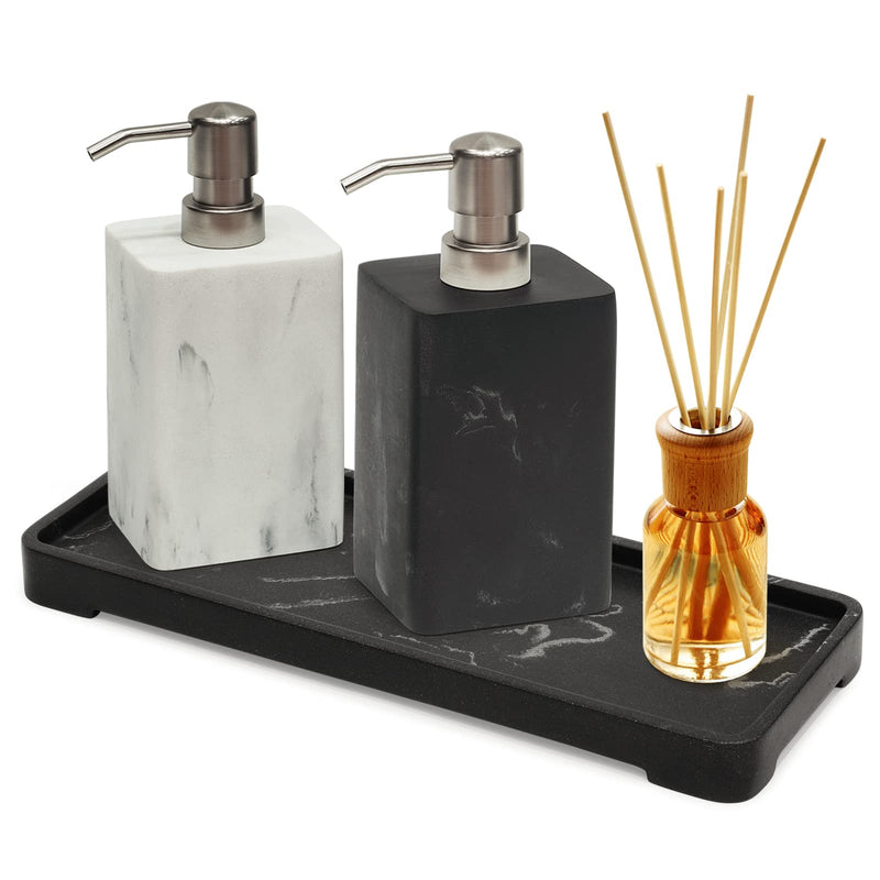 15Oz Marble Style Resin Soap Dispenser Set,2pcs Hand and Dish Soap Dispenser for Bathroom Countertop or Kitchen Sink,Refillable Decorative Liquid Soap Dispenser with Easy-Press Pump,White&Black