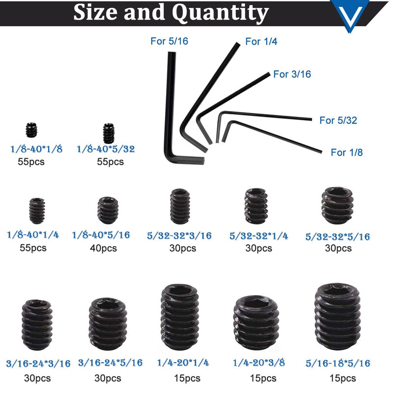 [Australia - AusPower] - 400Pcs 1/8-40 to 5/16-18 Internal Hex Allen Head Socket Set Screw (Black),12 Size 12.9 Class Alloy Steel Grub Screw Assortment Kit with 5 Hex Wrenches for for Door Handles, Light Fixture 