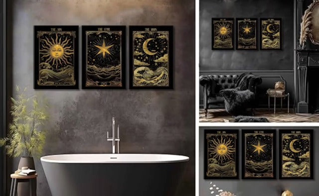 3Pcs Sun And Moon Celestial Canvas Wall Art Tarot Painting Picture Wall Decor astrology Poster Print Artwork for Bed Room Living Room Apartment Bath Room Study room Home Decoration Tarot Canvas 12L"x16W"Canvas