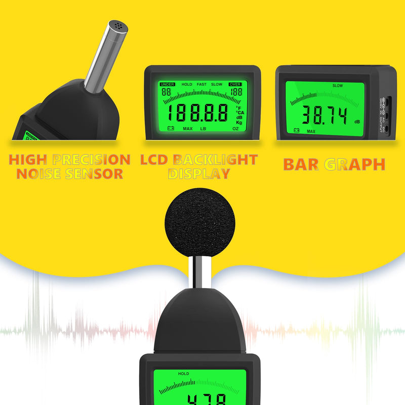 [Australia - AusPower] - Decibel Meter, 30-130 dB Digital Sound Level Meter with A/C Weighting, Backlight, Data Logging - Noise Detector SPL Meter for Home, Factory, Construction Sites 