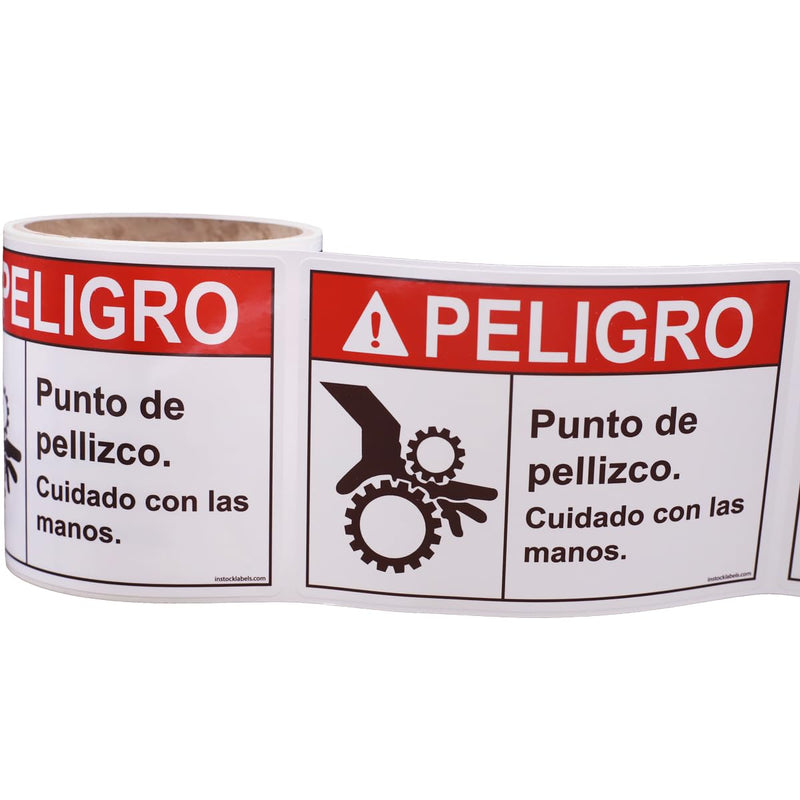 Spanish Pinch Points Danger Labels, OSHA Safety Labels, 3.5 x 5 Inch, 25 Labels Per Roll, Essential for Warehouse, Machine and Equipment Safety Signs for Workplace