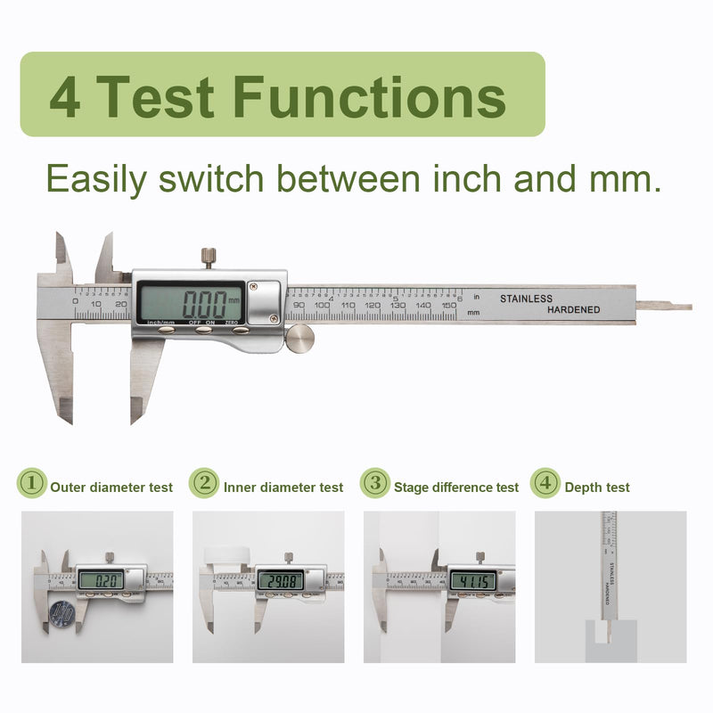 [Australia - AusPower] - All-Metal Digital Caliper 0-6"Measuring Tool, Micrometer Caliper with Auto-Off Feature, Interchangeable Between inches and millimeters for DIY/Household and 3D Printing 6" Stainless Steel 