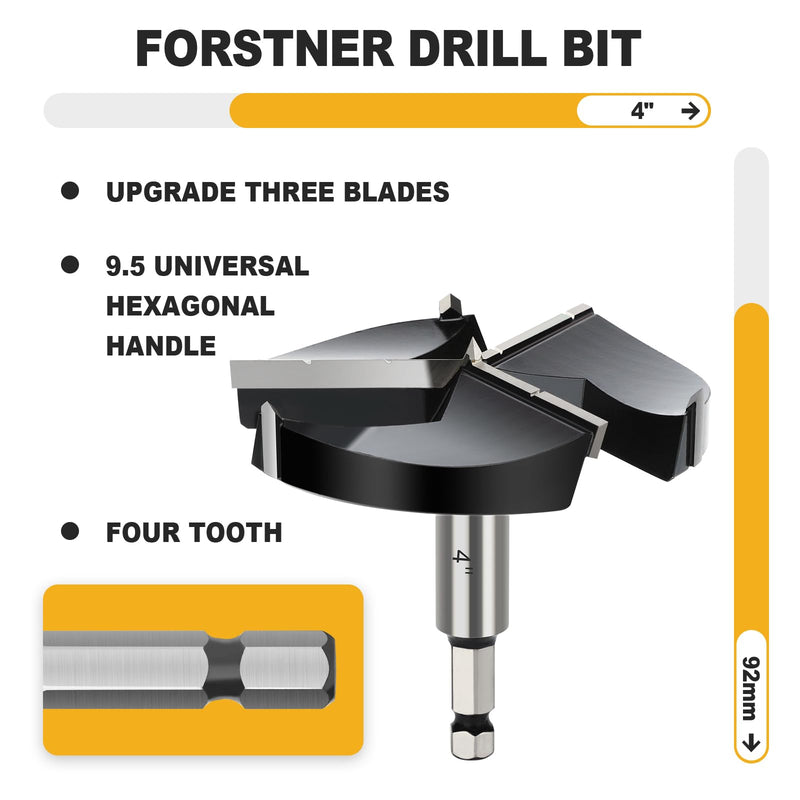 4" Forstner Drill Bit with 3/8" Quick Change Hex Shank,Triple Flute Tungsten Carbide Tipped - for Hard Wood,Soft Wood Woodworking Hinge Cutter Tool Kits for Veneered Plywood Plastic 4" | 102mm