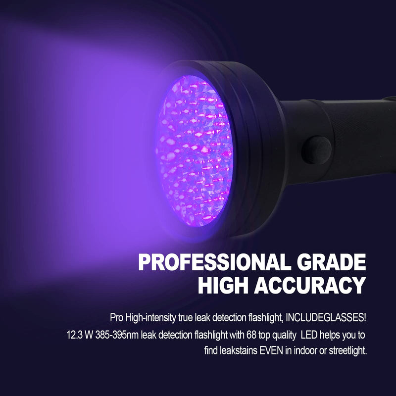 AC UV Oil Dye Leak Detection Kit Includes Pro 68 LED Flashlight with UV Protective Glasses, Auto Air Conditioner Leak Detector Tool Flashlight Car Oil AC Dye Leak Test Pro Detection Kit