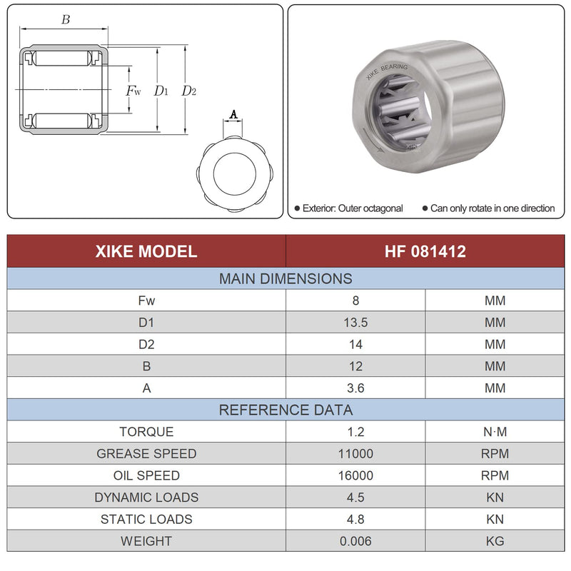[Australia - AusPower] - XIKE 10 Pcs HF081412 8x14x12mm Outer Octagon One Way Needle Roller Bearings Compatible EasyWring Spin Mop and More. 