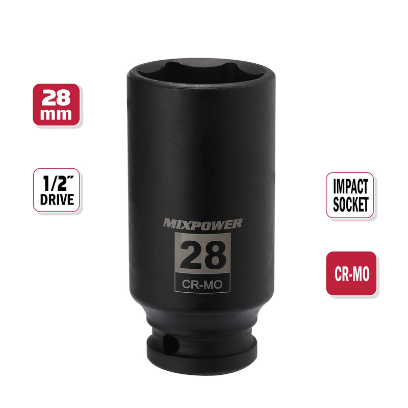 [Australia - AusPower] - MIXPOWER 1/2-Inch Drive Deep Impact Socket - 28mm, Metric, CR-MO, 6-Point, Deep, 1/2"Dr. Axle Nut Socket Impact Grade for Easy Removal 