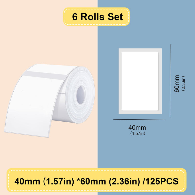 Thermal Labels Maker Tapes for B21/B3S/B1 Printer,1.57" X 2.36" (40 X 60mm) 125 Labels/Roll,Multi-Purpose Adhesive Labels Sticker Paper for Home Office Small Business Address School,6 Rolls White 40*60mm-6 Rolls