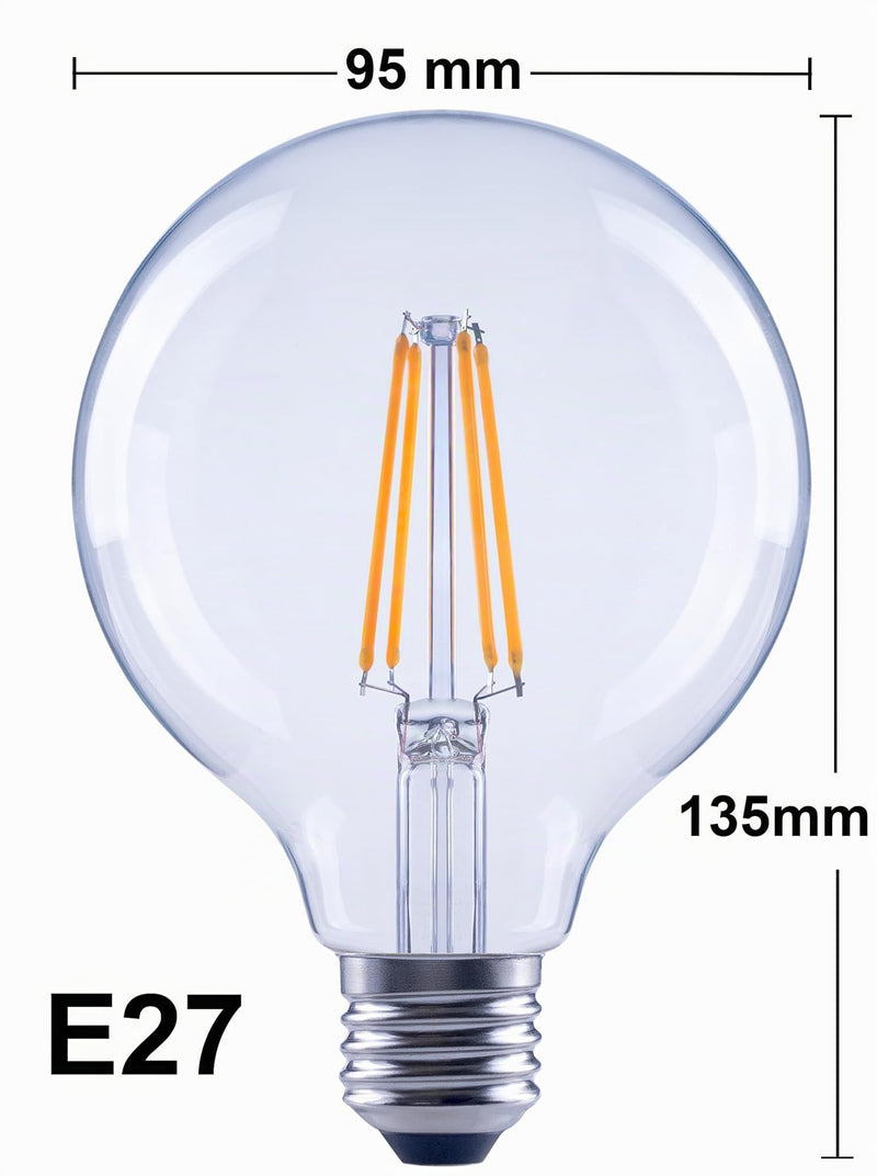 greenandco Filament LED Light Bulb, Clear, Dimmable, E27 G95, 7.2 W, 1521 lm, Replaces 100 W, 3000 K Warm White, 320°, 230 V, Flicker-Free, Energy Efficiency Class A E27 G95 Clear 1 pc. Replaces 100W dimmable Warm white 3000K