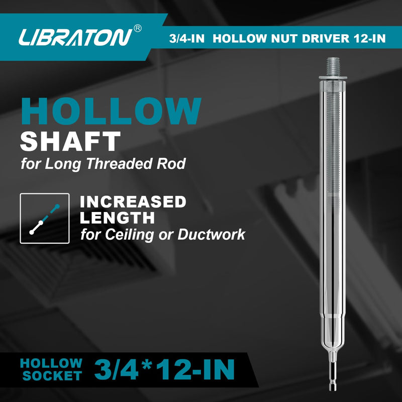 Libraton Hollow Nut Driver,Power Nut Driver Set 3/4",12 inch Long with 1/4" Hex Shank 12-inch long 3/4-inch