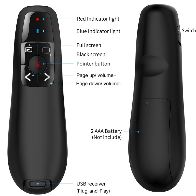 [Australia - AusPower] - Wireless PowerPoint Remote Presentation Clicker: Battery Operated Presenter PPT Slide Advancer with Red Pointer | 100Ft Control Range | Plug & Play via USB | Ergonomic Design - Universal Compatibility USB-1 Pack 