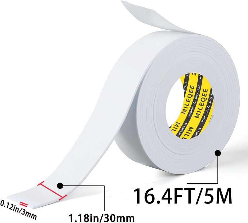 2Pack Single-Sided Adhesive Foam Tape EVA White, Multipurpose Sponge Sealing Strip Window Door Insulation Table Edge Protector Wall Bumper Guards, Each 1.18in x 16.4FT MILEQEE 2Pack, Each 1.18in x 16.4FT