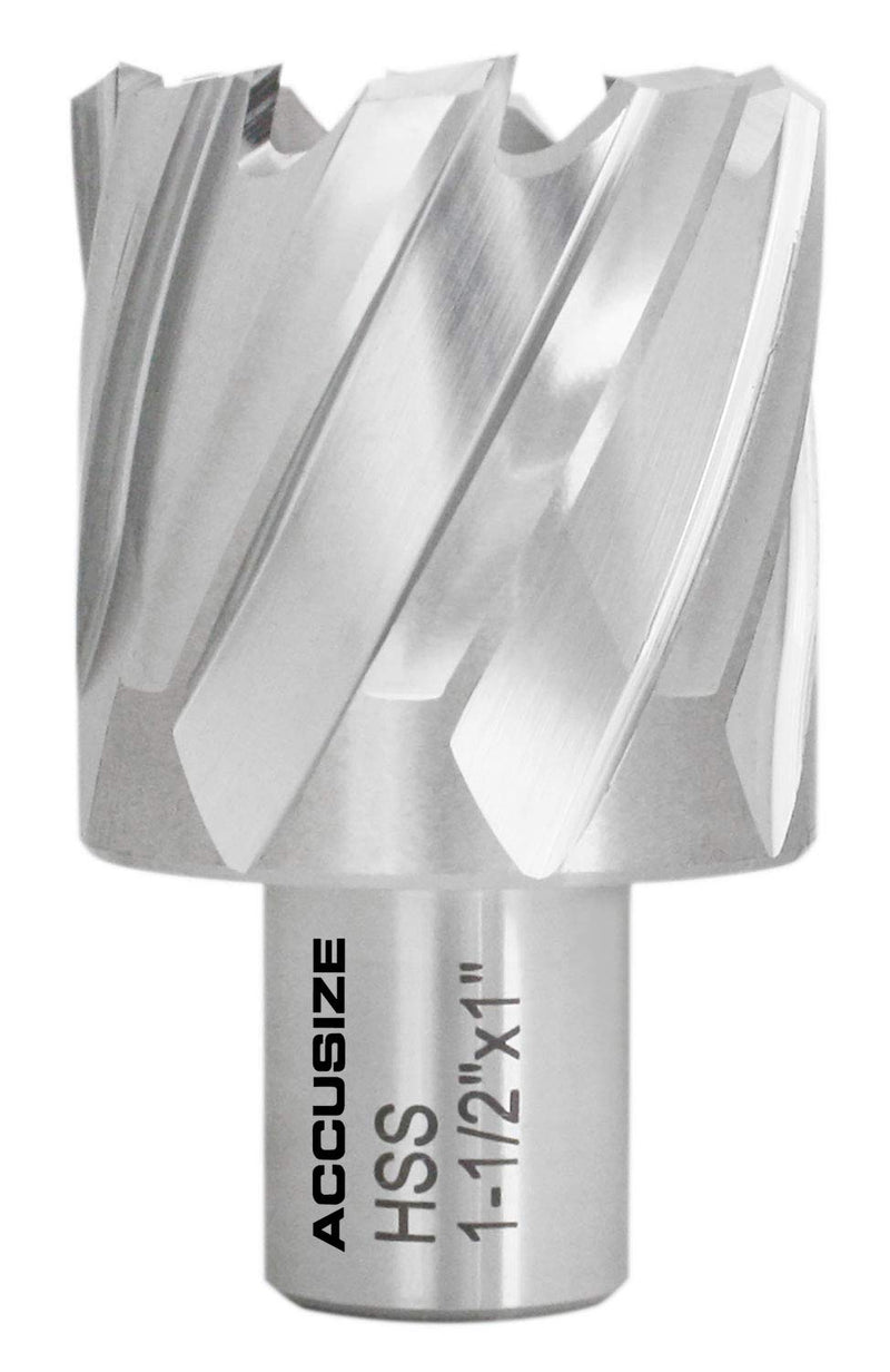 Accusize Industrial Tools Hss Annular Cutter, 1-1/2'' Diameter by 1'' Depth with 3/4'' Weldon Shank, Ansi Standard, 2080-2029 | CBN-Ground HSS Cutter for Steel, Machine-Finish Holes, 1/4 in Pilot Pin Hole, ANSI, 2080-2029