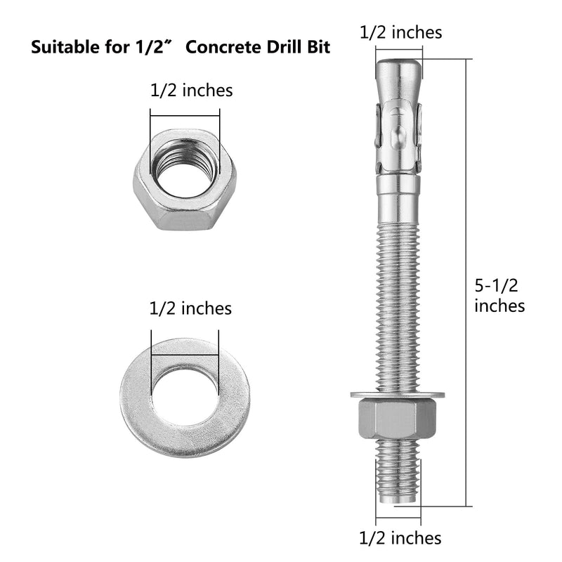 [Australia - AusPower] - 5Pcs 1/2x5-1/2" Inch Standard Fasteners for Heavy-Duty 304 Stainless Steel Wedge Anchors for Cement and Concrete 1/2x5-1/2" 5 