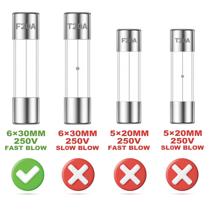 [Australia - AusPower] - 20A 250V 6x30MM Fast Blow Glass Fuse 20 Amp 250 Volt 0.24 x 1.18 Inch Fast-Acting Tube Fuses F20AL250V (Pack of 20Pcs) F20A 