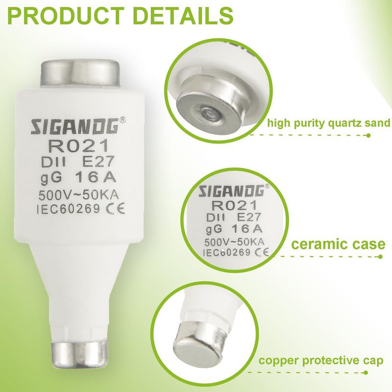 16A DII E27 R021 Spiral Ceramic Fuses gG Diazed Fuse Inserts 500VAC for Cable and Line Protection (Pack of 10) 16A