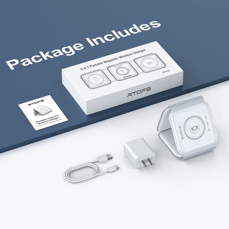 [Australia - AusPower] - Wireless Charger 3 in 1,RTOPS Magnetic Travel Wireless Charging Station Multiple Devices,GaN 3 in 1 Charging Station,Compatible for iPhone15/14/13/12/Pro/Max,iWatch,AirPods 3/2/Pro(Adapter Includes) white 