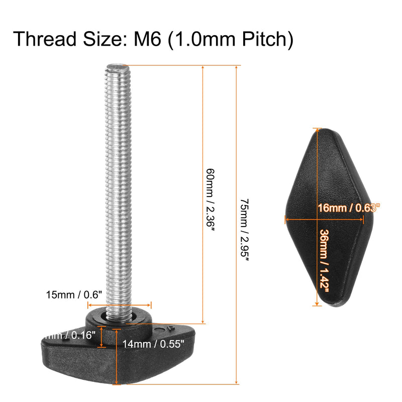 [Australia - AusPower] - HARFINGTON 8pcs Tee Wing Knobs M6 x 60mm Metric Male Threaded Stud T Head Plastic Knob Handles Thumb Screws Hand Clamping Tightening Knob Grip Thumbscrew, Black M6 x 60mm x 36mm 