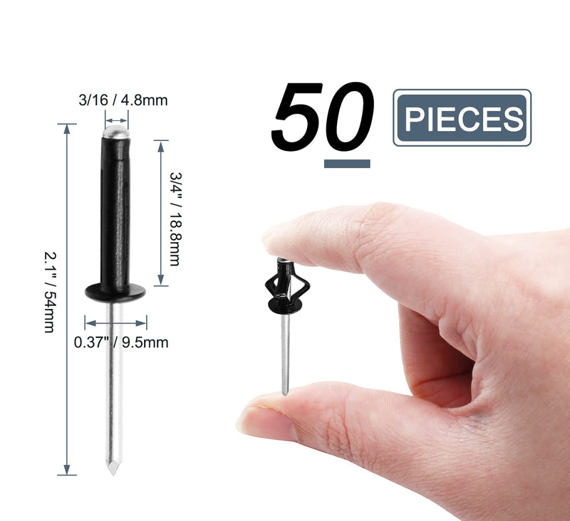 [Australia - AusPower] - 50Pcs 3/16" x 1" Tri Grip Rivets Assortment, Black Trifold Exploding Pop Rivets Aluminum Trifold Trivets Big Head Pop Rivets for Marine Kyaka Boat 3/16" x 1" 