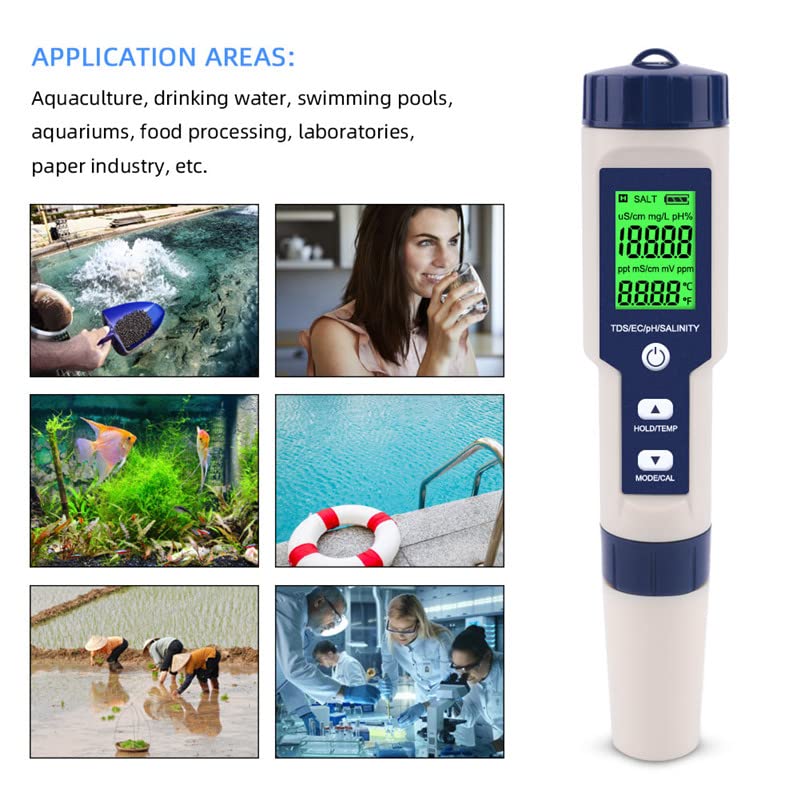 [Australia - AusPower] - Pool Salt Tester & PH Meter, Hofun Digital Salinity Meter and PH Tester for Pool Saltwater and Drinking Water, 5 in 1 Salinity PH Temp EC and TDS Meter Swimming Pool Hot Tub Spas, High Accuracy 