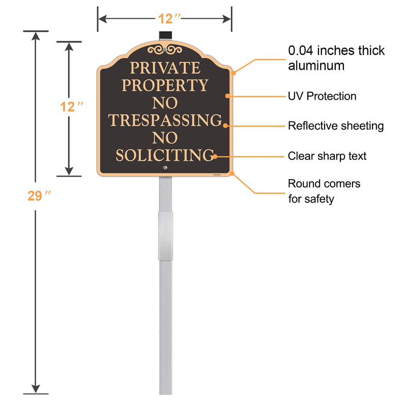 Large (2 Pack) 12X12 Inch Private Property No Trespassing No Soliciting Yard Sign, Reflective, Aluminum, Metal, Weatherproof Up to 7 Years Outdoor, Includes Stakes for Easy Mounting