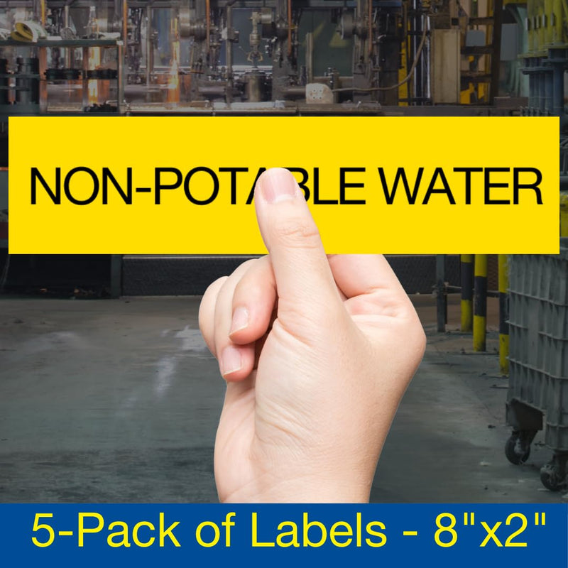 ComplianceSigns.com Non-Potable Water (Black Legend On Yellow Background) Pipe Label Decal, 8x2 inch 5-Pack Vinyl for Pipe Markers 8" x 2" - 5 Pack
