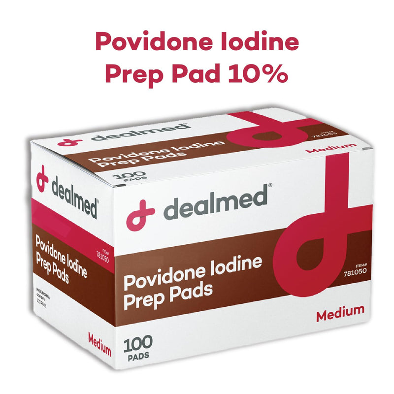 [Australia - AusPower] - Dealmed Povidone Iodine Prep Pad 10% - Individually Sealed Packets Perfect for Wound Care and Portable First Aid Kits, 100/Box (Pack of 1) Pack of 1 