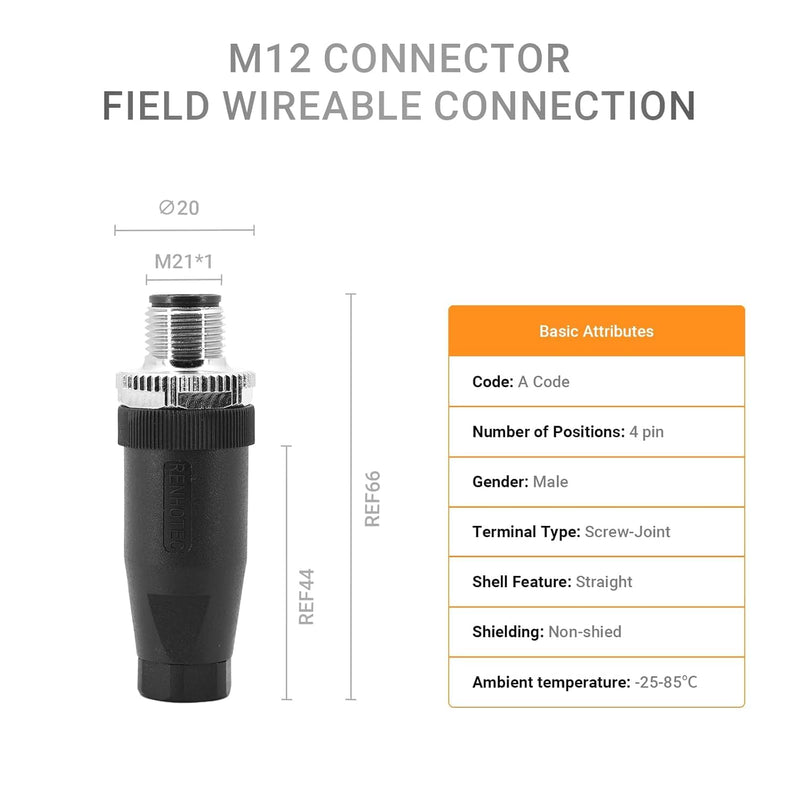 [Australia - AusPower] - M12 4 Pin Connector Field Wireable A Code Straight Male Plug Non-Shield 12mm Industrial Circular Connector, Outdoor Waterproof IP67 (5) 1 