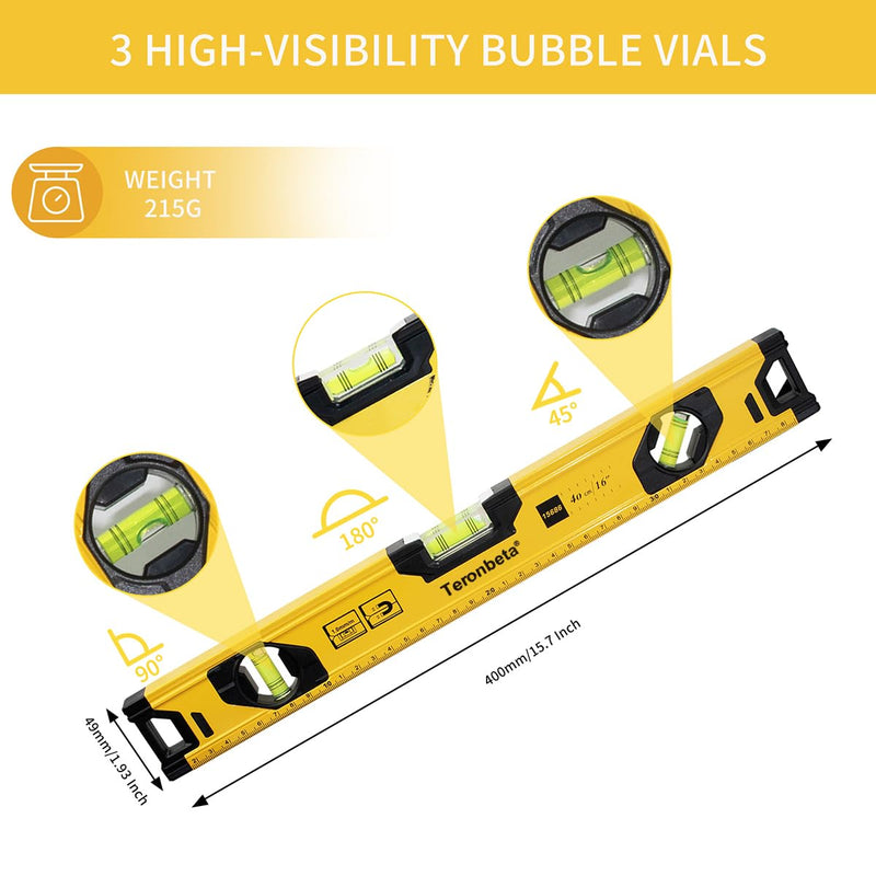 [Australia - AusPower] - Teronbeta Aluminium Alloy Spirit Level 400 mm/16 Inch Shock Proof Torpedo Level with Magnetic Base and 3 Bubble 45°,90°,180° - Yellow/Black 400mm 