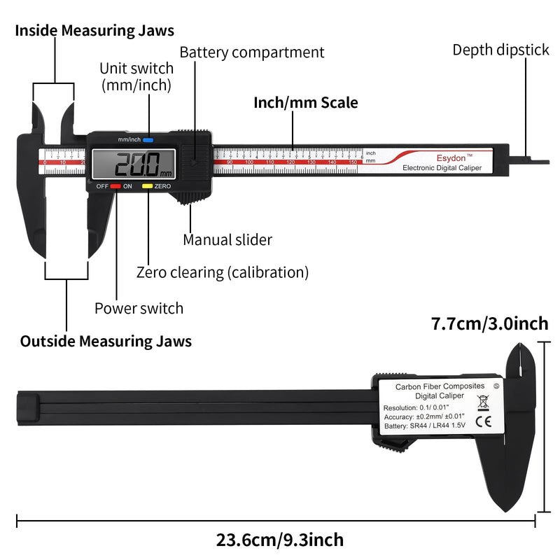 [Australia - AusPower] - Digital Caliper, Esydon Upgraded Calipers 6 inch, Measuring Tool, Electronic Ruler, with Large LCD Screen, Auto-Off Feature, Inch and Millimeter Conversion, Plastic Case, Perfect for Household, DIY 