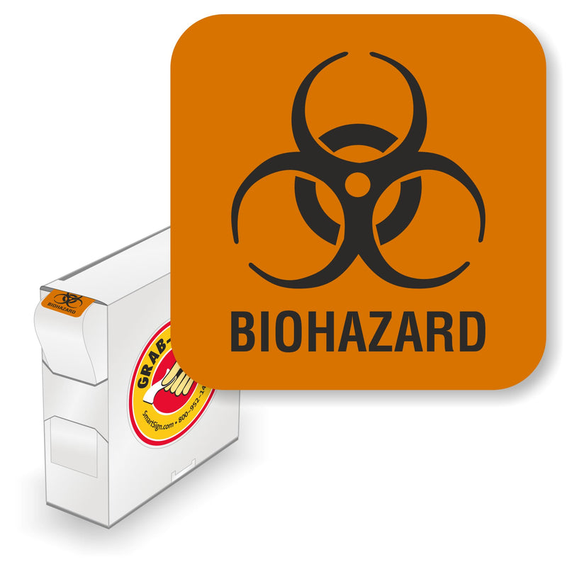 SmartSign (750-Pack) Biohazard Labels with Symbol in Dispenser Box, 0.875" x 0.875", Fluorescent Paper Labels with Permanent Adhesive - for Medical/Industrial Use, Orange/Black