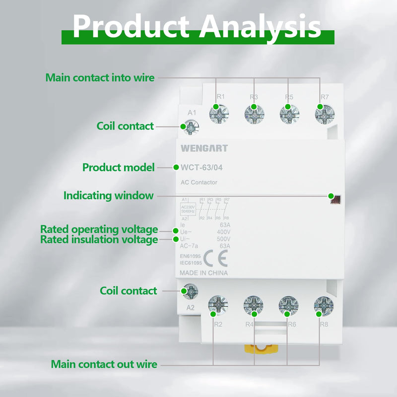 Wengart AC-Schütz WCT-63,4 Normally Closed AC230V 63A, Suitable for Household Appliances and Engine Loads, White | Fireproof ABS For smart home control cabinets. 4NC installation contactor with 2.1W standby. 230 V, 63 A, 54 mm width, DIN35