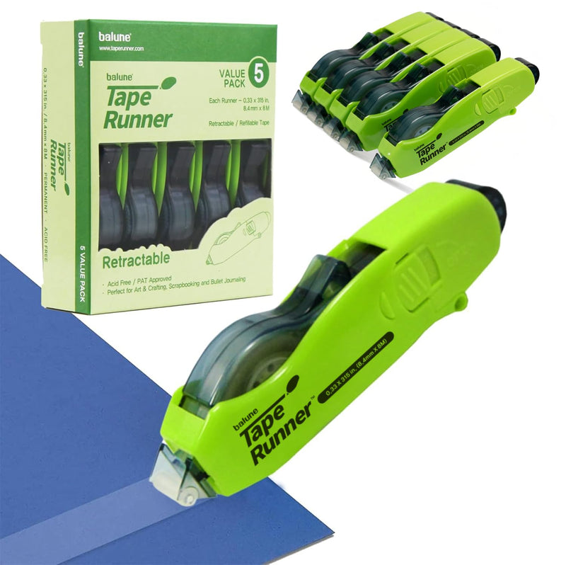TAPE RUNNER - Double Sided Adhesive with Dispenser Roller Included - Acid Free, Sticky, Transparent - Ideal for Scrapbooking, Crafts & More - Retractable (315 inches per Cartridge), 5 Cartridges Retractable (315 inches per cartridge)