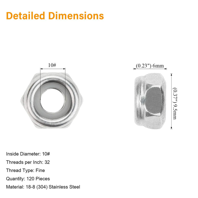 [Australia - AusPower] - 120 Pieces 10#-32 Nylon Insert Hex Lock Nuts, 304 Stainless Steel 10-32 (120 pcs) 