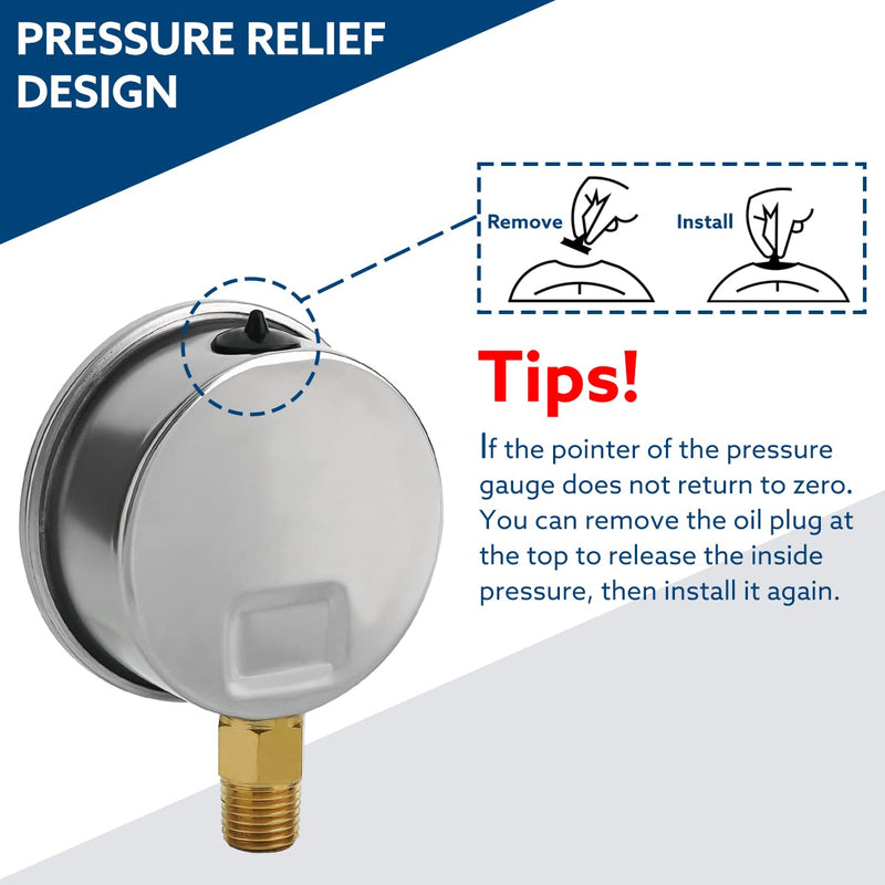 [Australia - AusPower] - 100 Psi Lead-Free Glycerin Liquid Filled Low Pressure Gauge, 2.5" Dial Size, 1/4" NPT Lower Mount, Stainless Steel Case, for Home Potable Water Pump, Air, Well, RV Hose, Pressure Test 0-100Psi Lower Mount (Lead Free) 