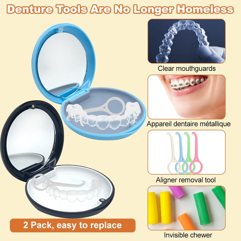 Braces Box, Pack of 2 Portable Storage Box for Dentures Container with Mirror Empty Denture Box Container for Dentures Box with Aligner Removal Tool (Blue + Black) Black + Blue