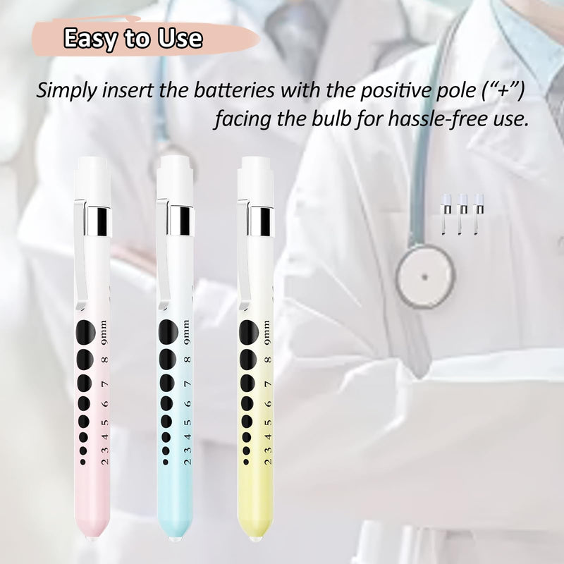 [Australia - AusPower] - Pen Light for Nurses, 3 Pack Medical Pen Lights with Pupil Gauge for Doctor Nurse Student with Baked Porcelain Finishing Aluminum Alloy Body Penlights,White Light Led,6 AAA Powerful Batteries Gradient Blue + Gradient Yellow + Gradient Pink 