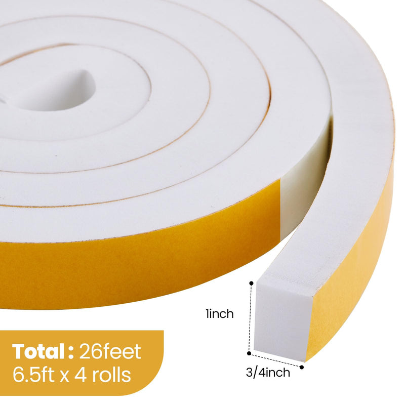 4 Rolls Total 26 Ft White Weather Stripping 1 Inch Wide x 3/4 Inch Thick Self Adhesive High Density Foam Tape Insulation Weatherproof Window Door Seal Strip Soundproof Collision Avoidance 6.5 Ft x 4