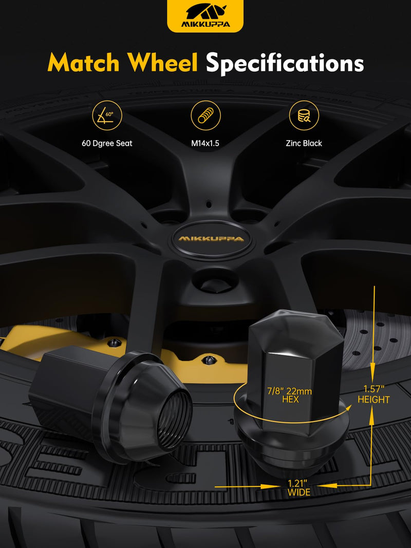 MIKKUPPA 20pcs M14x1.5 Lug Nuts, Replacement for 2015-2024 Ford Mustang, 2018-2023 Jeep Wrangler JL, 2011-2024 Grand Cherokee, 2012-2021 Ram 1500, 1.57" Length, 7/8" Hex, Chrome OEM Factory Wheel Nuts M14X1.5 OEM - for Chevy Factory Wheel 20 Packs Black