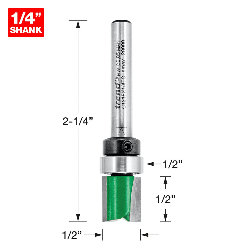 Trend Craft Pro 1/4" Shank Guided Template Profiler Router Cutter Bit - Ref C121FX1/4TC x Diameter 12.7mm; Cutting Length 12.7mm; Bearing 12.7mm Tungsten Carbide Tipped GUIDED PROFILER 9.5MM X 6.35MM CUT