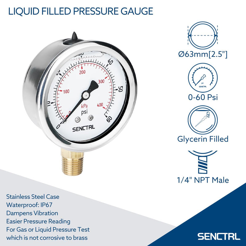 [Australia - AusPower] - 60 Psi Glycerin Liquid Filled Low Pressure Gauge, 2.5" Dial Size, 1/4" NPT Lower Mount, Stainless Steel Case, Pool Sand Filter Water Pump Tire Water Oil Air Pressure Test 0-60Psi 