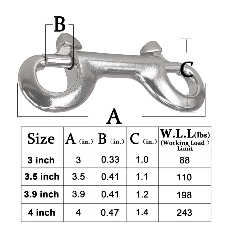 Atibin Ended Double Bolt Snaps Large Stainless Steel Bolt Snap Hooks Clips Trigger Snap Bolt Hook 3.5 inch 4Pcs