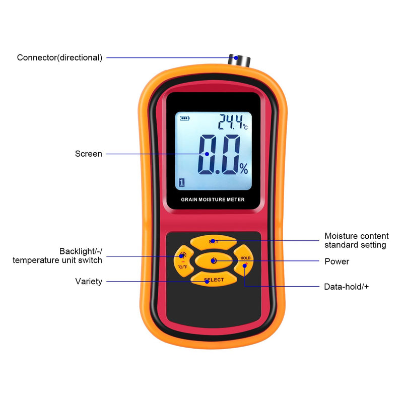 [Australia - AusPower] - Digital Grain Moisture Meter for Wheat Corn Rice Peanut Soybean, Grain Humidity Meter, Portable LCD Display Hay Moisture Tester, Multifunctional Moisture Meter Probe Humidity Tester 