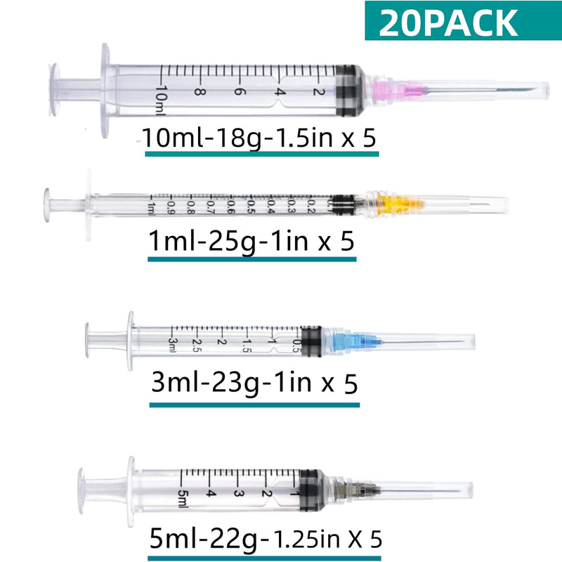 [Australia - AusPower] - 20 Pack Plastic Syringe Luer Lock with Needle - 10ml, 5ml, 3ml, 1ml Syringes and 18Ga, 22Ga, 23Ga, 25Ga Needle, Individually Sealed Package STYLE20-C 
