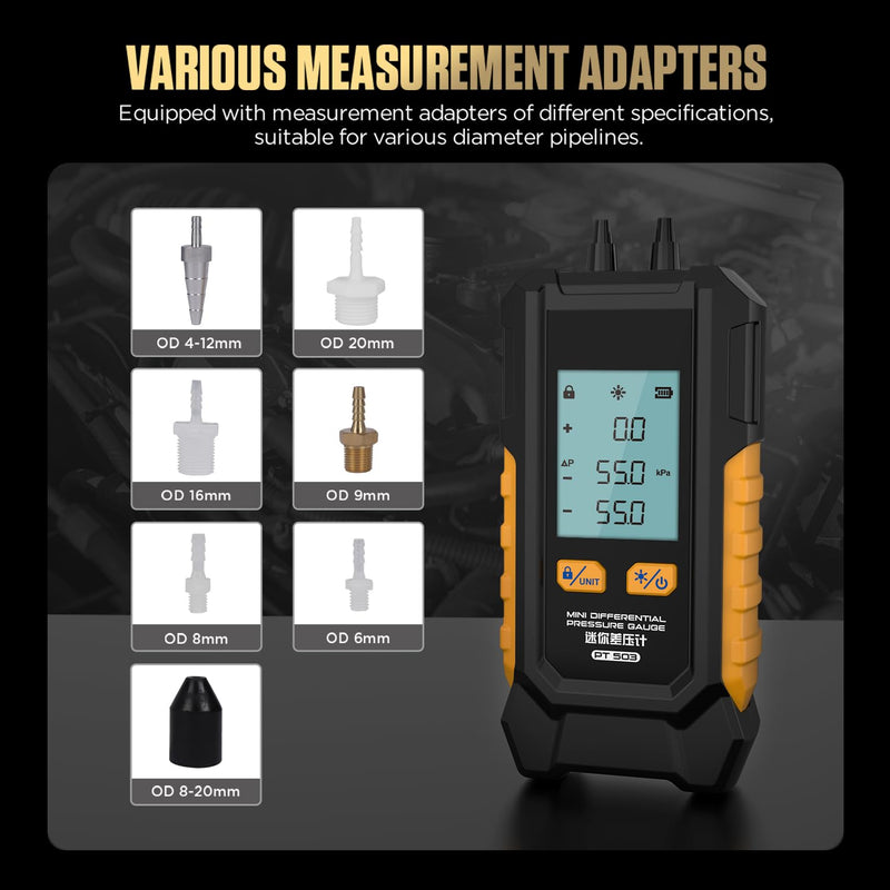 PT503 Manometer Gas Pressure Tester Dual Port Manometer Mini HVAC Gas & Air Pressure Tester, Differential Pressure Gauge with 6 Units, -100 to 200 kPa, Data Lock, Includes Adapters PT503