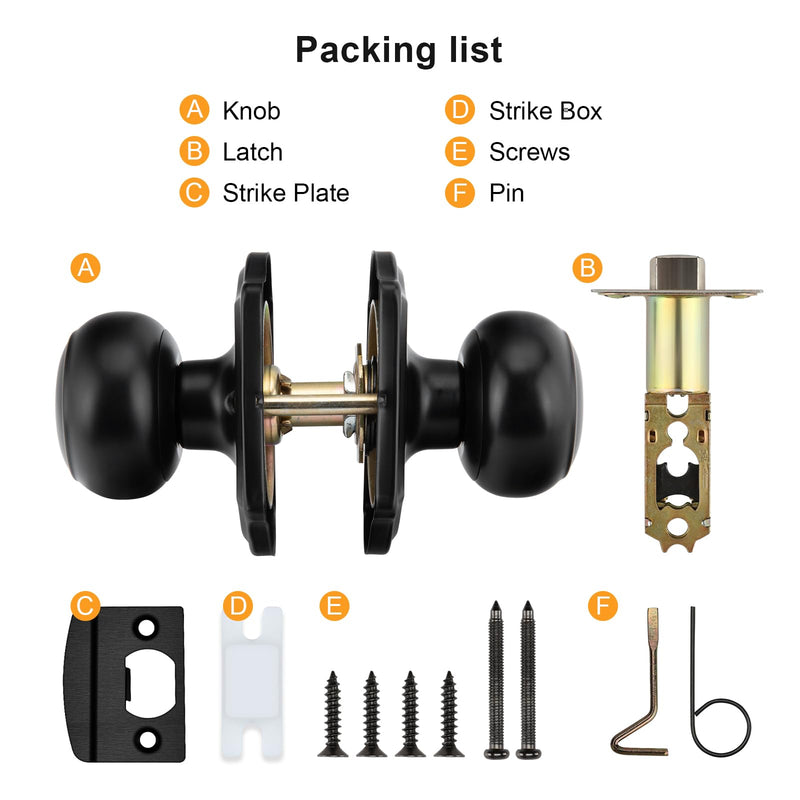 Goldenwarm Matte Black Passage Door Knobs, Closet Door Knobs Interior for Closet & Hallway, Black Closet Door Knob with Arched Plate 1 Pack