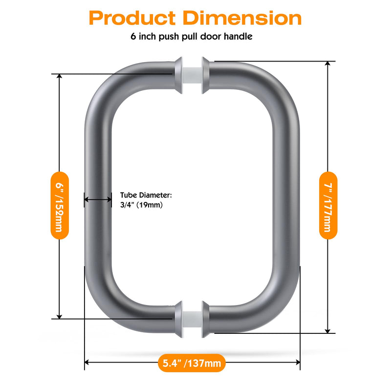 Ranbo Electroplating Grey 6" （CTC） Tubular Back-to-Back Shower Door Handle，Heavy-Duty 1.0mm Thick 304 Stainless Steel, for 1/4"- 1/2" Thick Glass and 1-3/8" - 2-1/6" Thick Wooden or Metal Doors 6 Inch