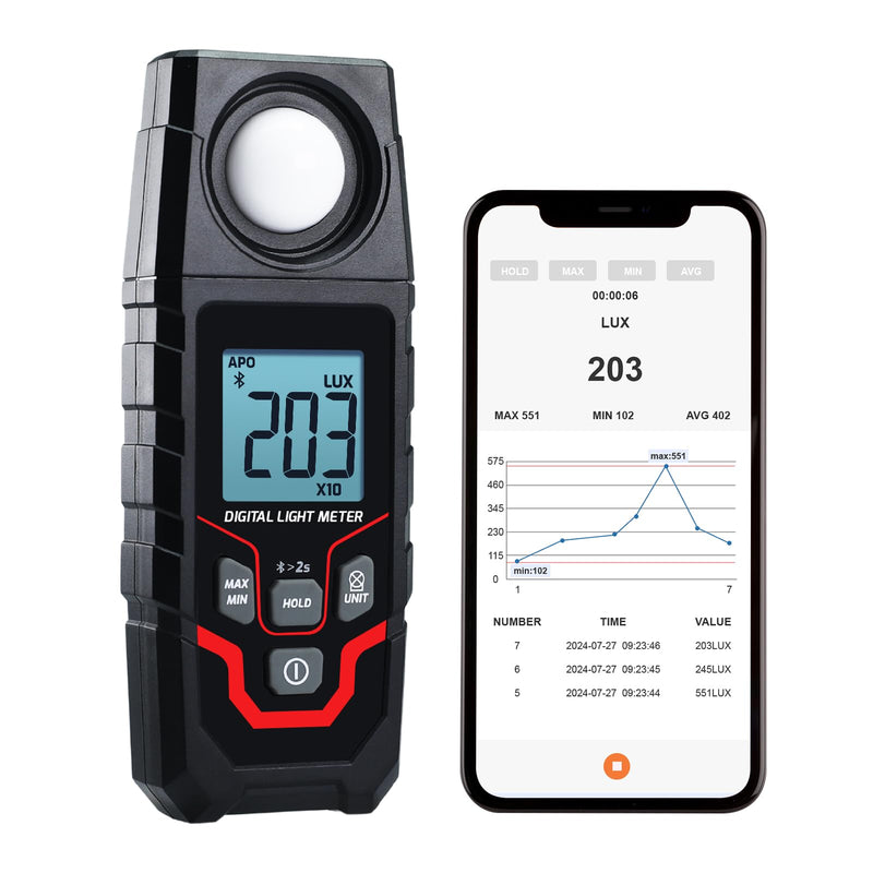 [Australia - AusPower] - Light Meter Wireless Lux Meter, 0.1~200,000 Lux Range Light Meter for Plants, Bluetooth Lux Meter Light Meter App Connection, Data Logging and Export, Backlight LCD Display for Plants, Photography 