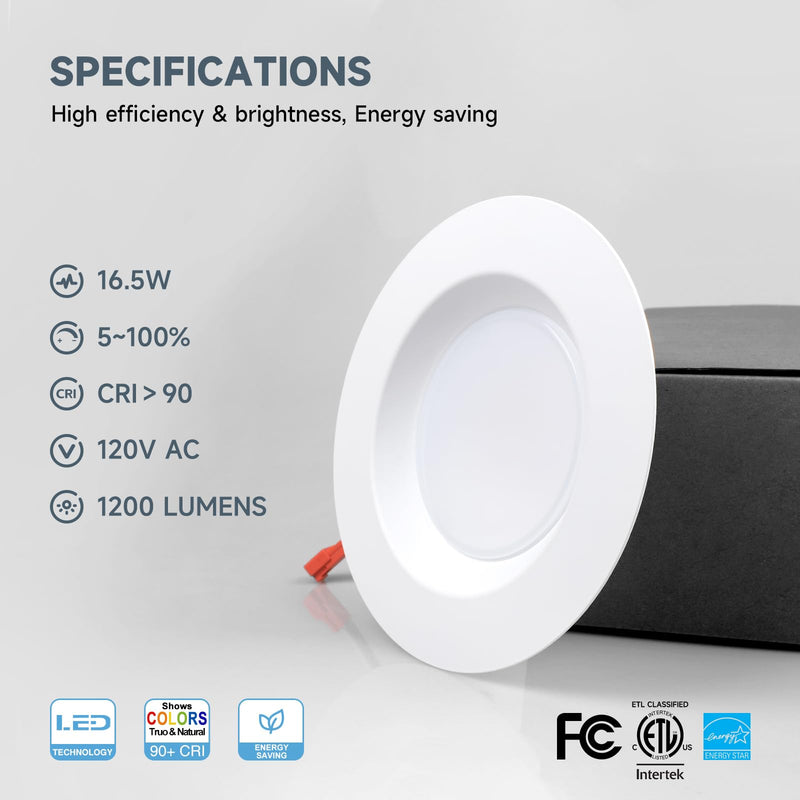 [Australia - AusPower] - ECOELER 5/6 inch 5CCT Retrofit LED Recessed Lighting, Dimmable Can Lights, Damp Rated, 16.5W 1200Lm Can Lights with Smooth Aluminum Trim, 2700K/3000K/4000K/5000K/6000K Selectable, ETL & FCC Listed 1 - PACK 