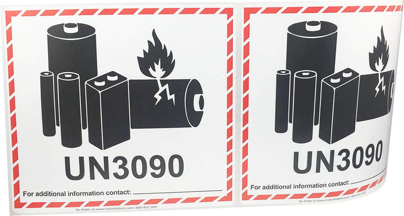 Caution Lithium Battery Labels UN3090 4.5 x 5 Inch 500 Adhesive Stickers